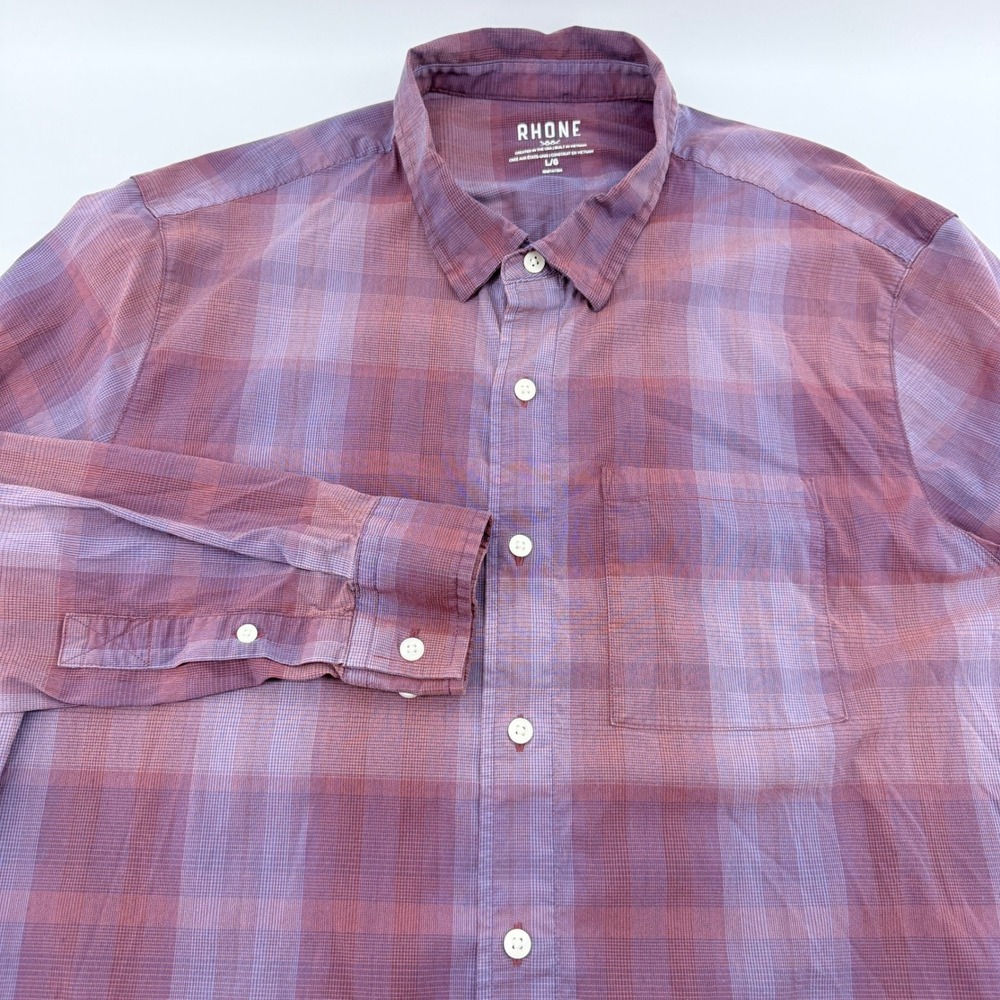 Rhone Plaid Button Down Shirt Mens Size Large Long Sleeve Purple Burgundy